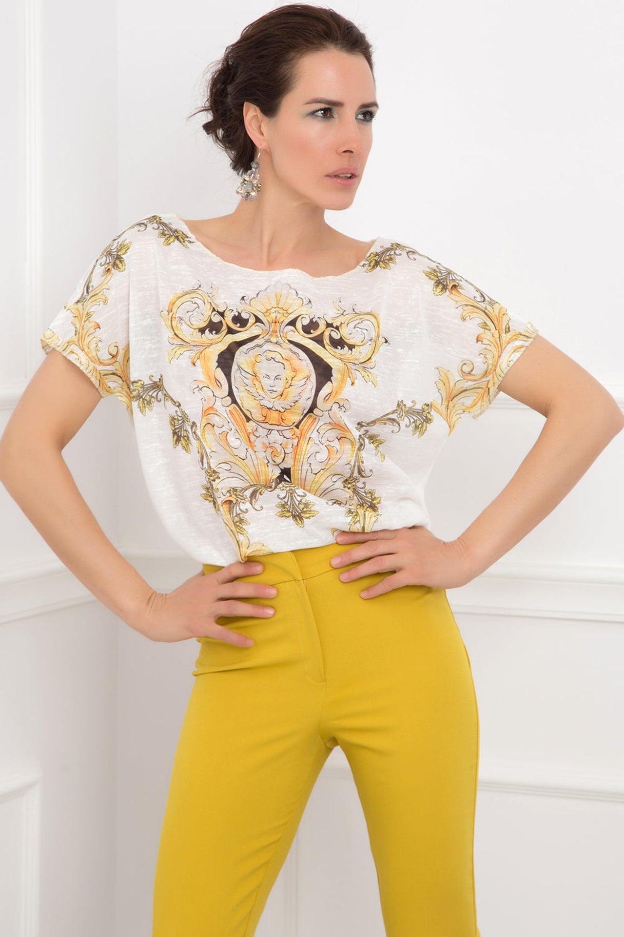 LOOSE COTTON-BLEND PRINTED TOP