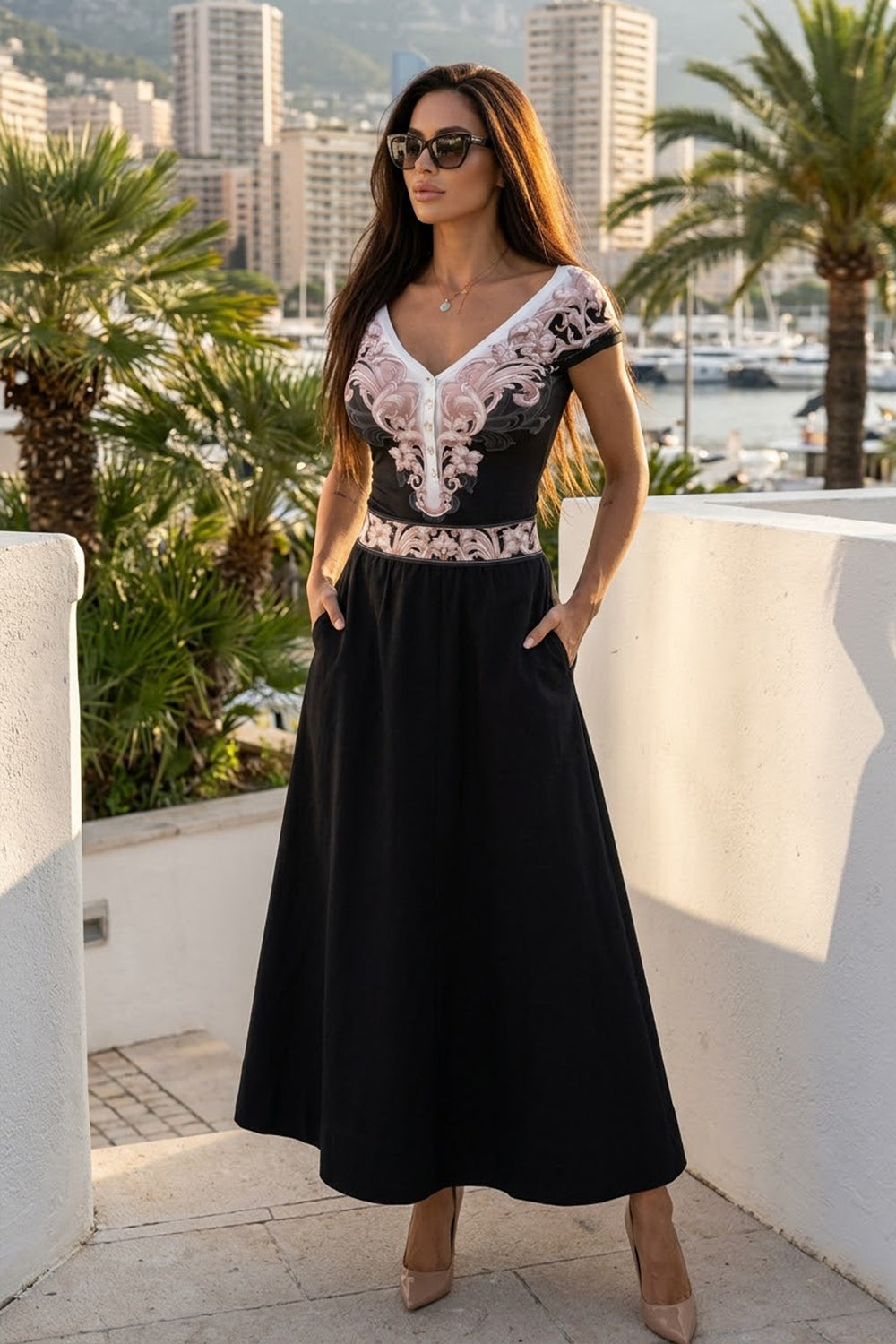 LONG BLACK COTTON SKIRT WITH ELASTIC WAIST AND SIDE POCKETS - ESSENTIALS - Fashion Roots