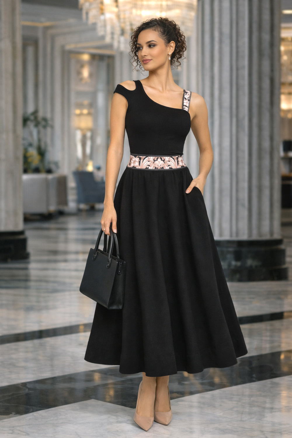 ASYMMETRICAL COTTON RIB TANK TOP IN BLACK WITH ELASTIC STRAP BAROQUE PEARL - ESSENTIALS - Fashion Roots
