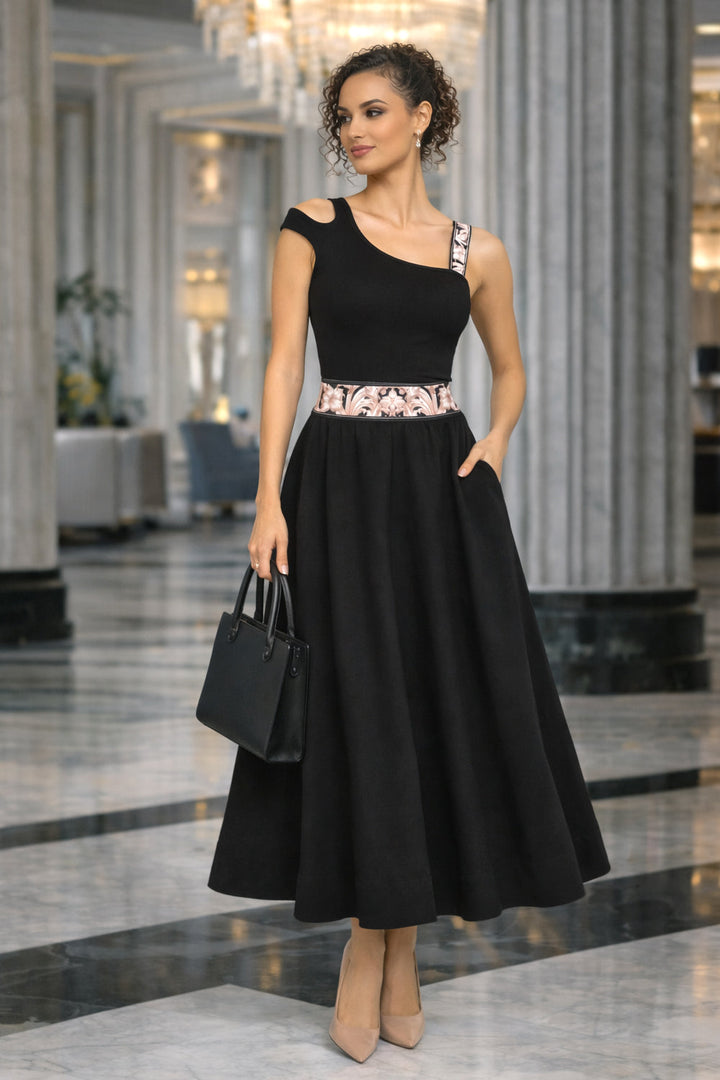 ASYMMETRICAL COTTON RIB TANK TOP IN BLACK WITH ELASTIC STRAP BAROQUE PEARL - ESSENTIALS - Fashion Roots