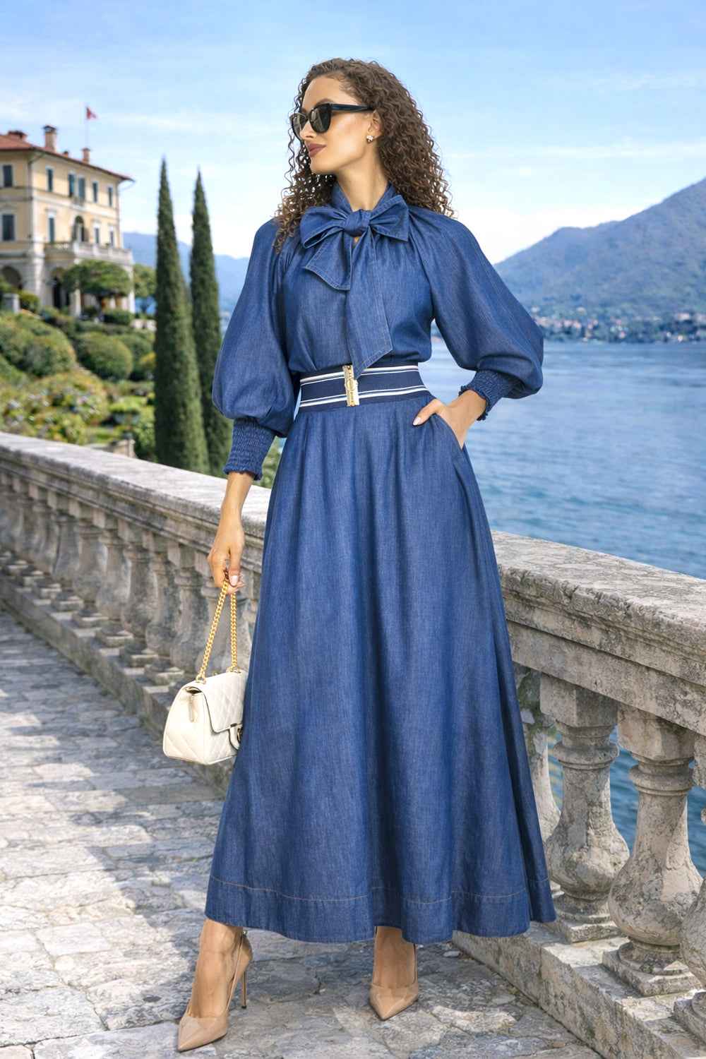 DENIM SHIRT WITH FRONT BOW AND RAGLAN SLEEVES - ESSENTIALS