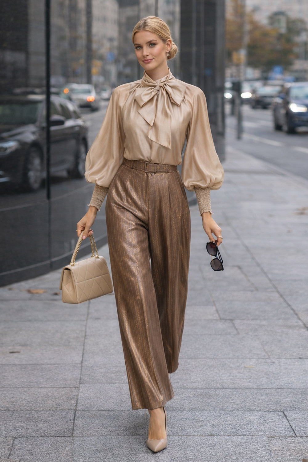 PANTALON À RAYURES TAILLE HAUTE ET JAMBE LARGE BEIGE - ESSENTIALS