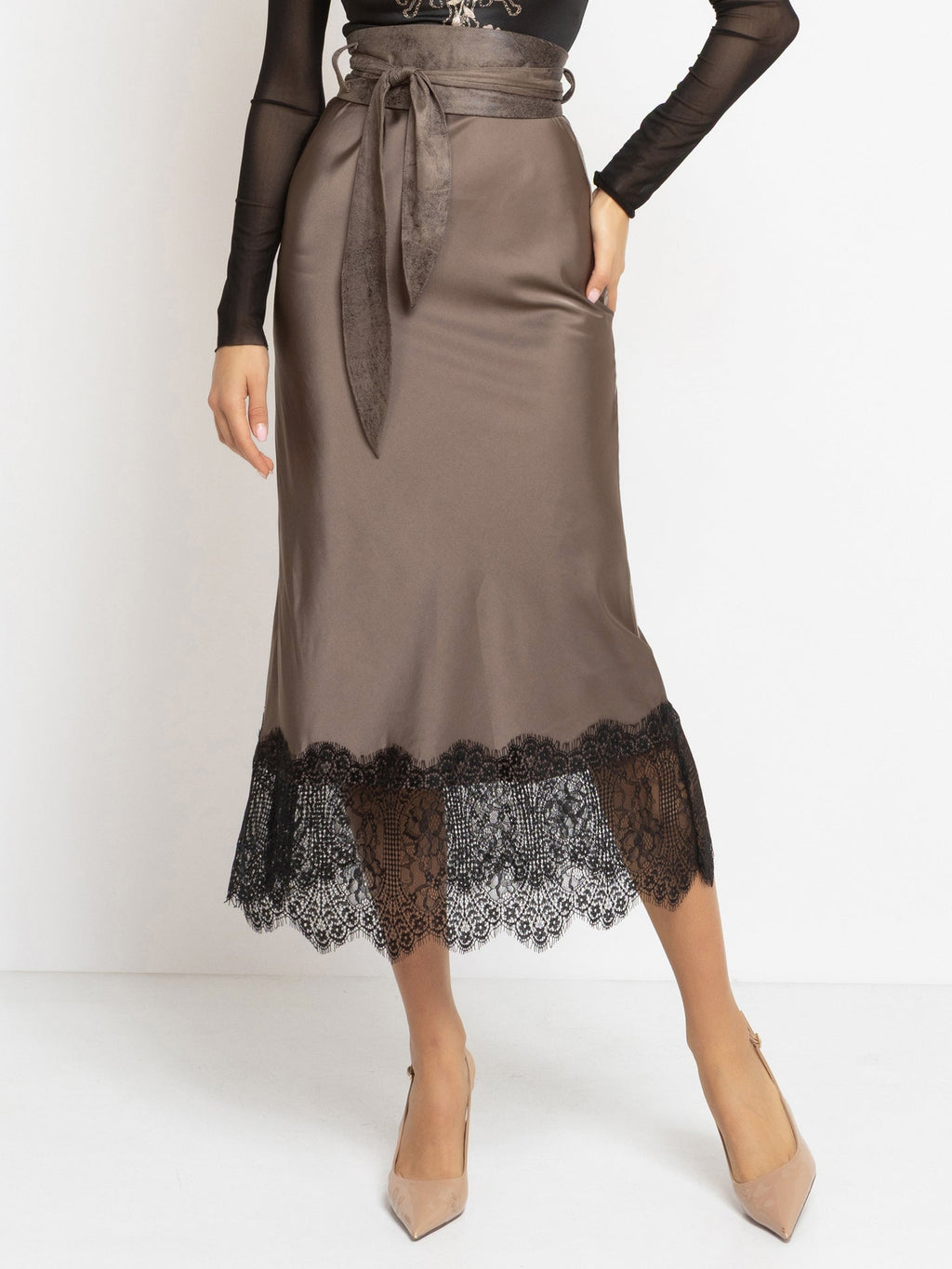BIAS-CUT SATIN SKIRT WITH LACE AND ELASTIC WAISTBAND IN FANGO - ESSENTIALS