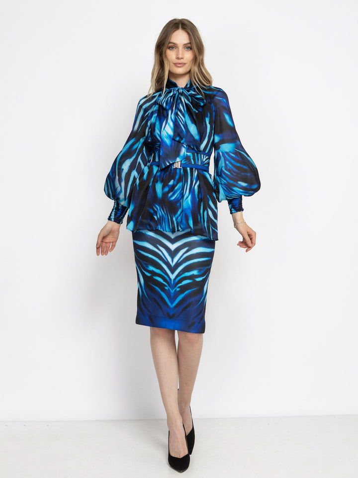 KNEE-LENGTH PENCIL SKIRT - SHADES OF BLUE JIORO ПОЛА ДО КОЛЯНОТО ОТ НЕОПРЕН С ЕЛАСТИЧНА ТАЛИЯ - SHADES OF BLUE JIORO