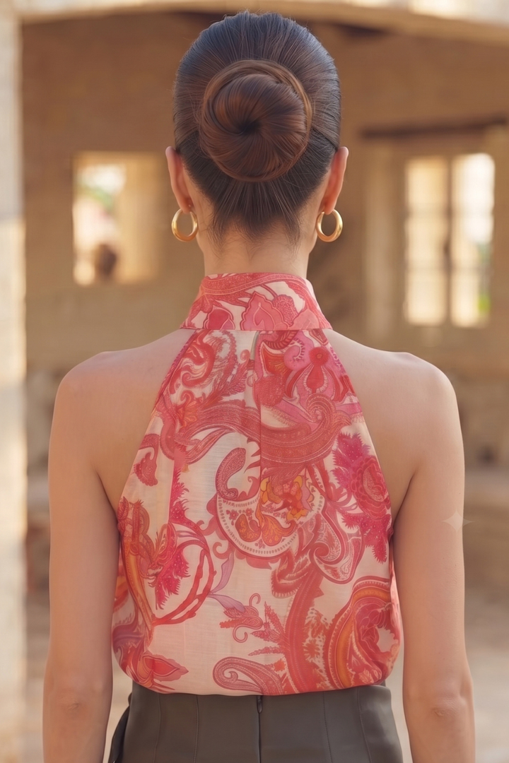 SLEEVELESS BUTTON-UP COTTON SHIRT - PAISLEY RED FLOWERS
