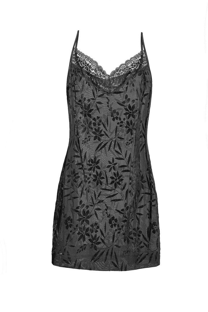 CLASSIC BLACK VELVET-FLOCKED LACE CHEMISE