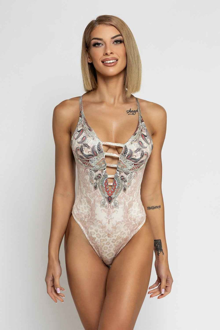 ONE-PIECE DEEP V-NECK SWIMSUIT – PAISLEY BEIGE - Fashion Roots