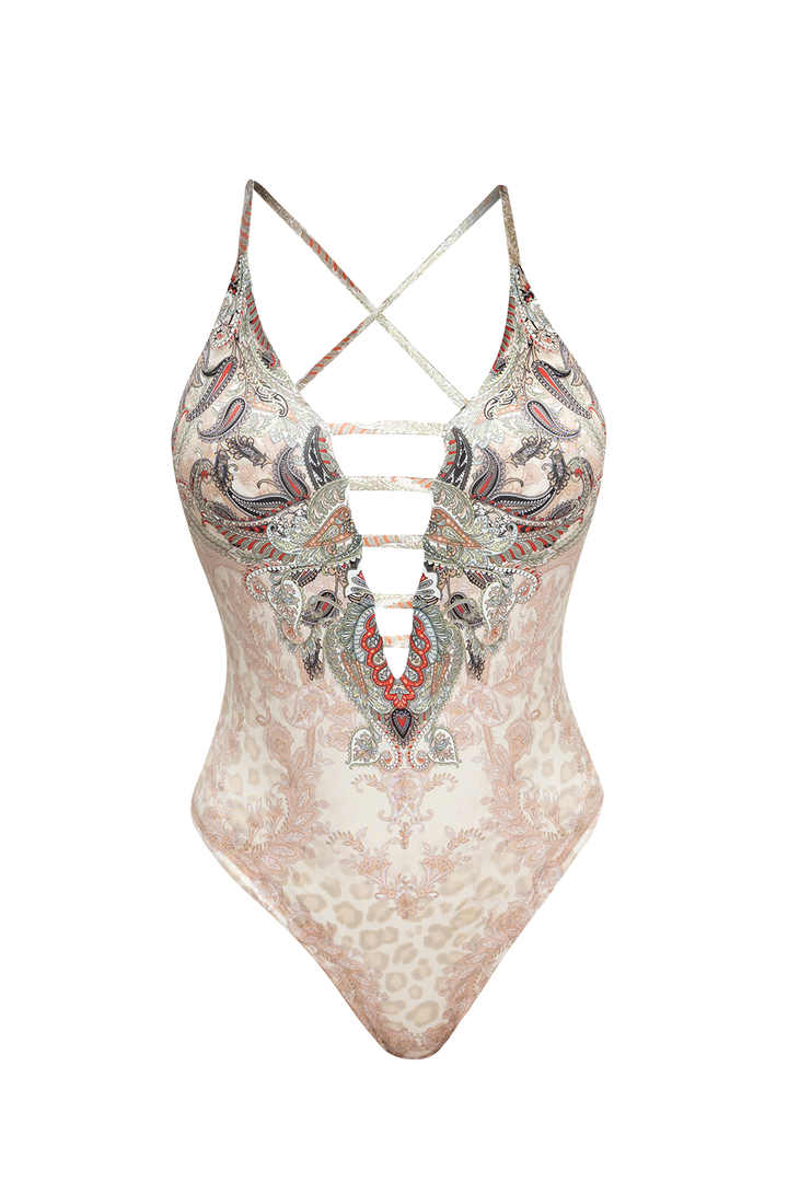 ONE-PIECE DEEP V-NECK SWIMSUIT – PAISLEY BEIGE - Fashion Roots