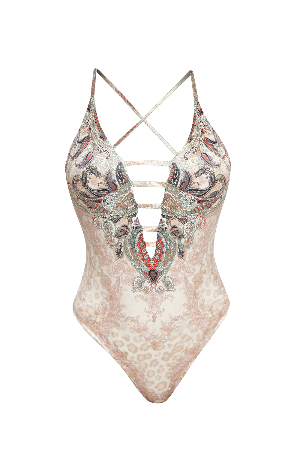 ONE-PIECE DEEP V-NECK SWIMSUIT – PAISLEY BEIGE