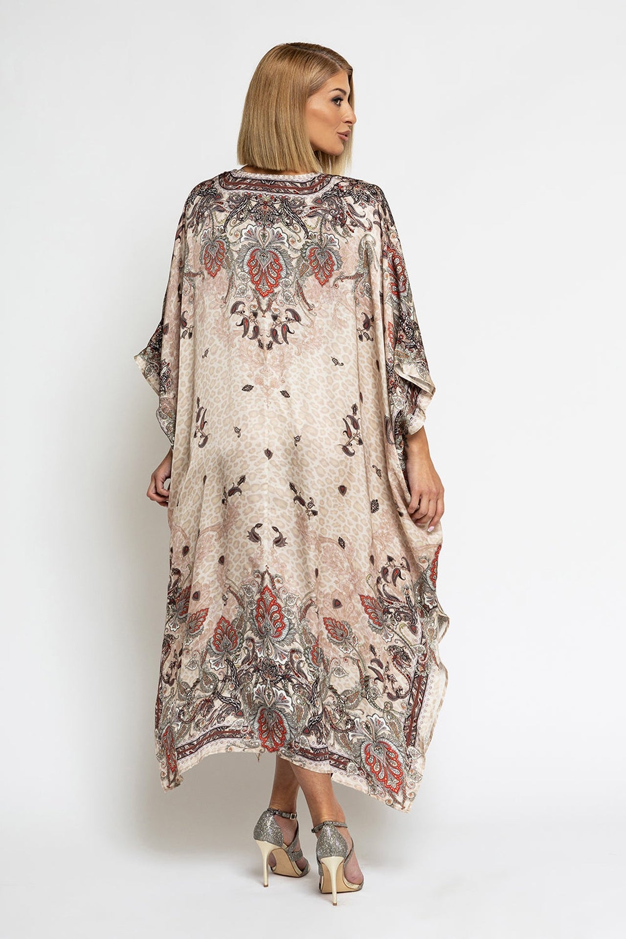 SATIN VISCOSE CAFTAN - PAISLEY BEIGE - Fashion Roots