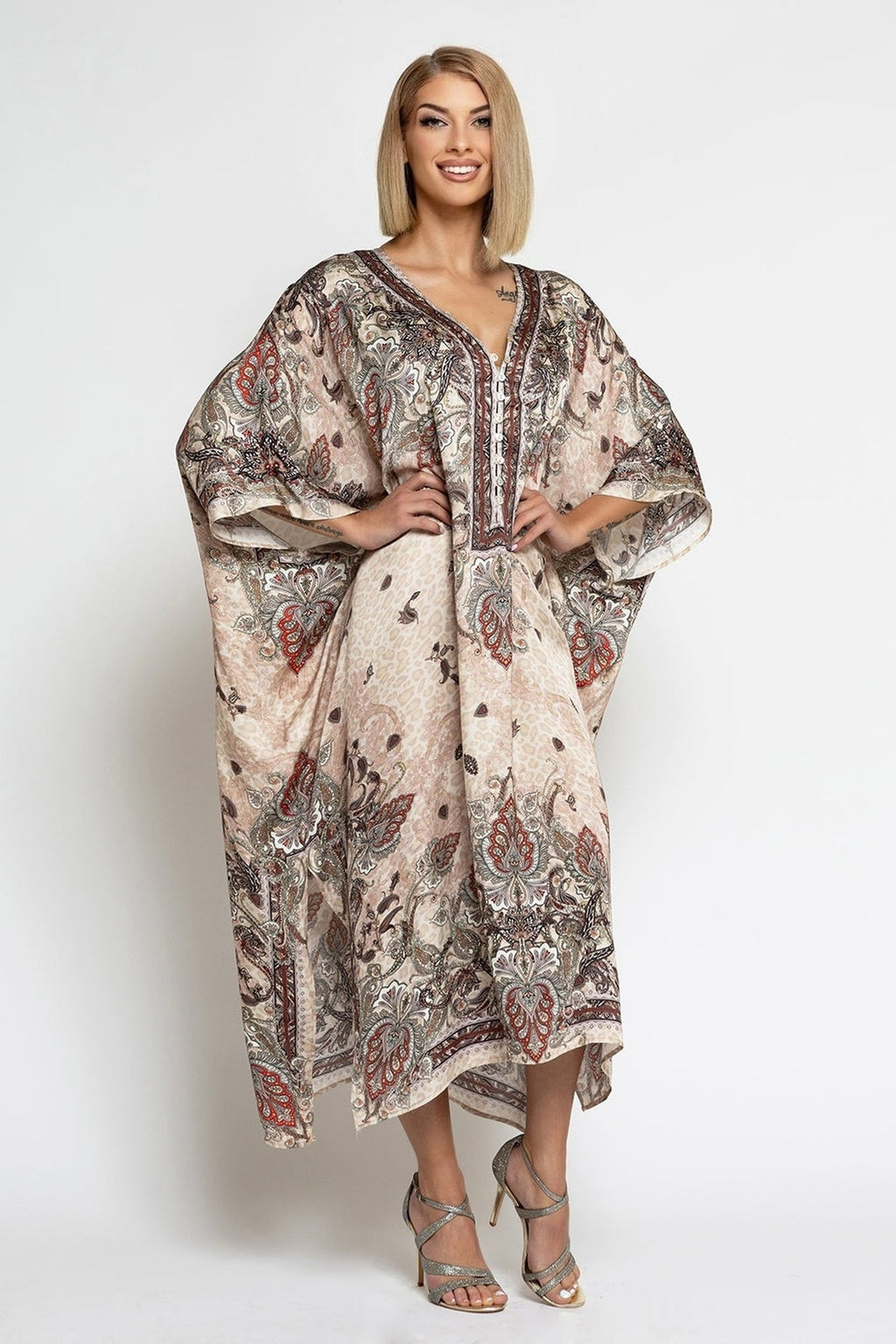 SATIN VISCOSE CAFTAN - PAISLEY BEIGE - Fashion Roots