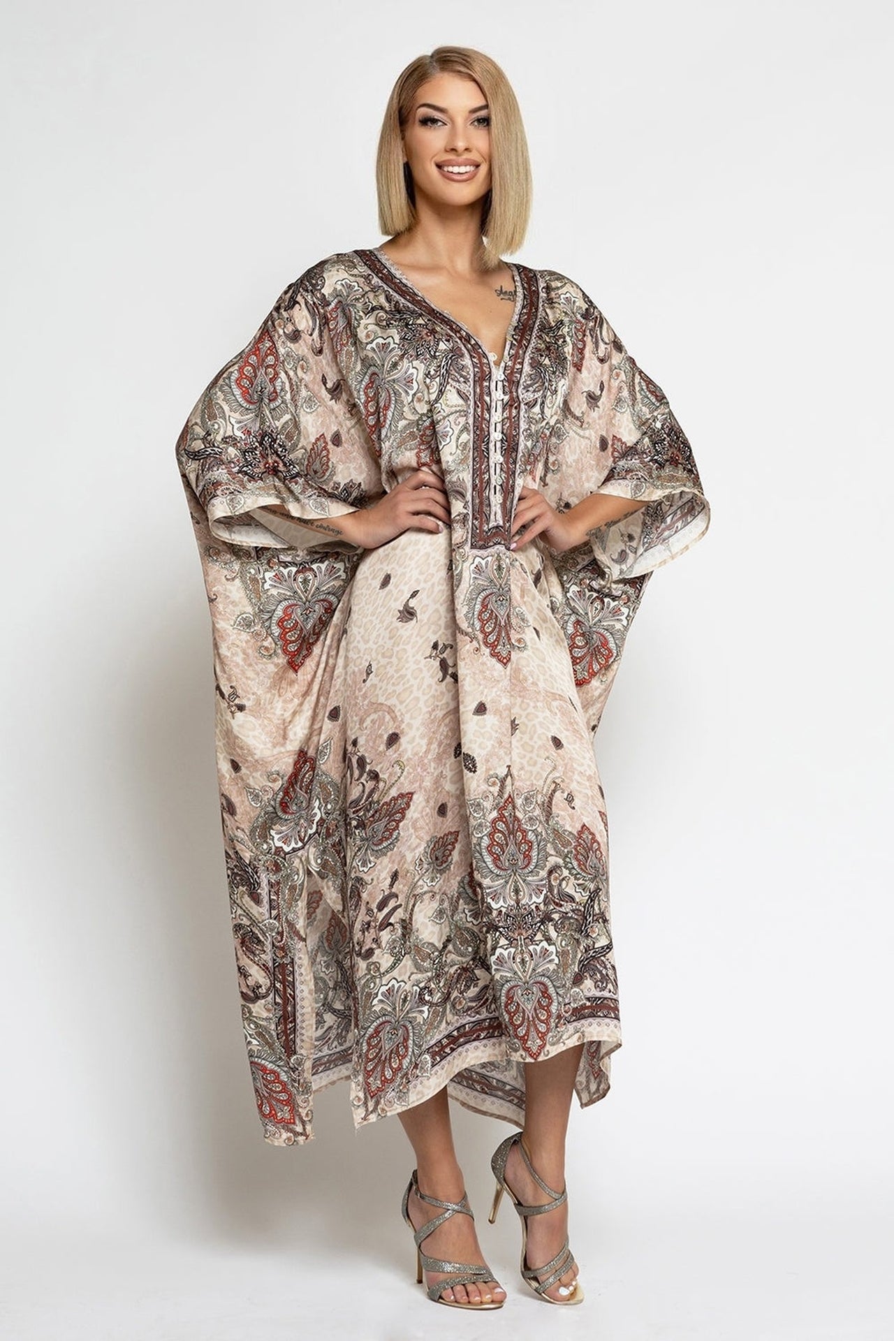 SATIN VISCOSE CAFTAN - PAISLEY BEIGE - Fashion Roots