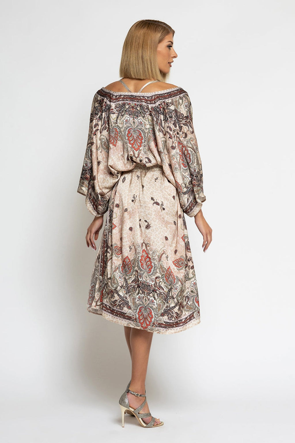 SATIN VISCOSE CAFTAN - PAISLEY BEIGE - Fashion Roots