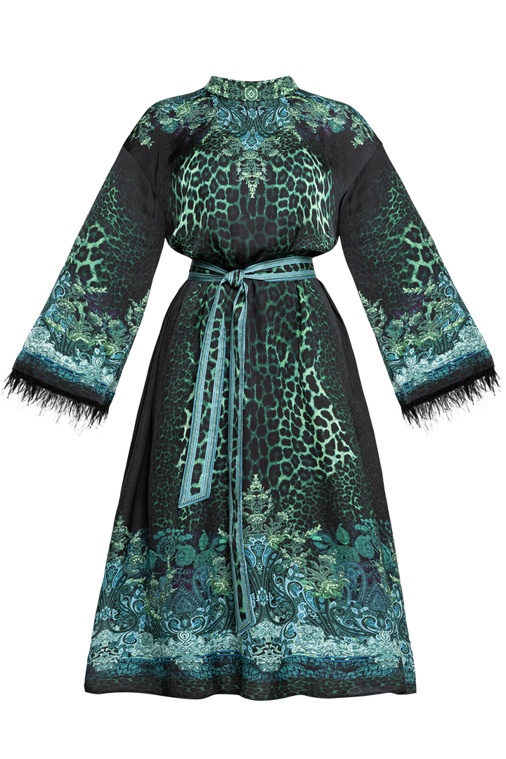 VISCOSE CAFTAN WITH FEATHERS - LEO NEON GREEN JIORO КАФТАН ОТ ВИСКОЗА С ПЕРА - LEO NEON GREEN JIORO