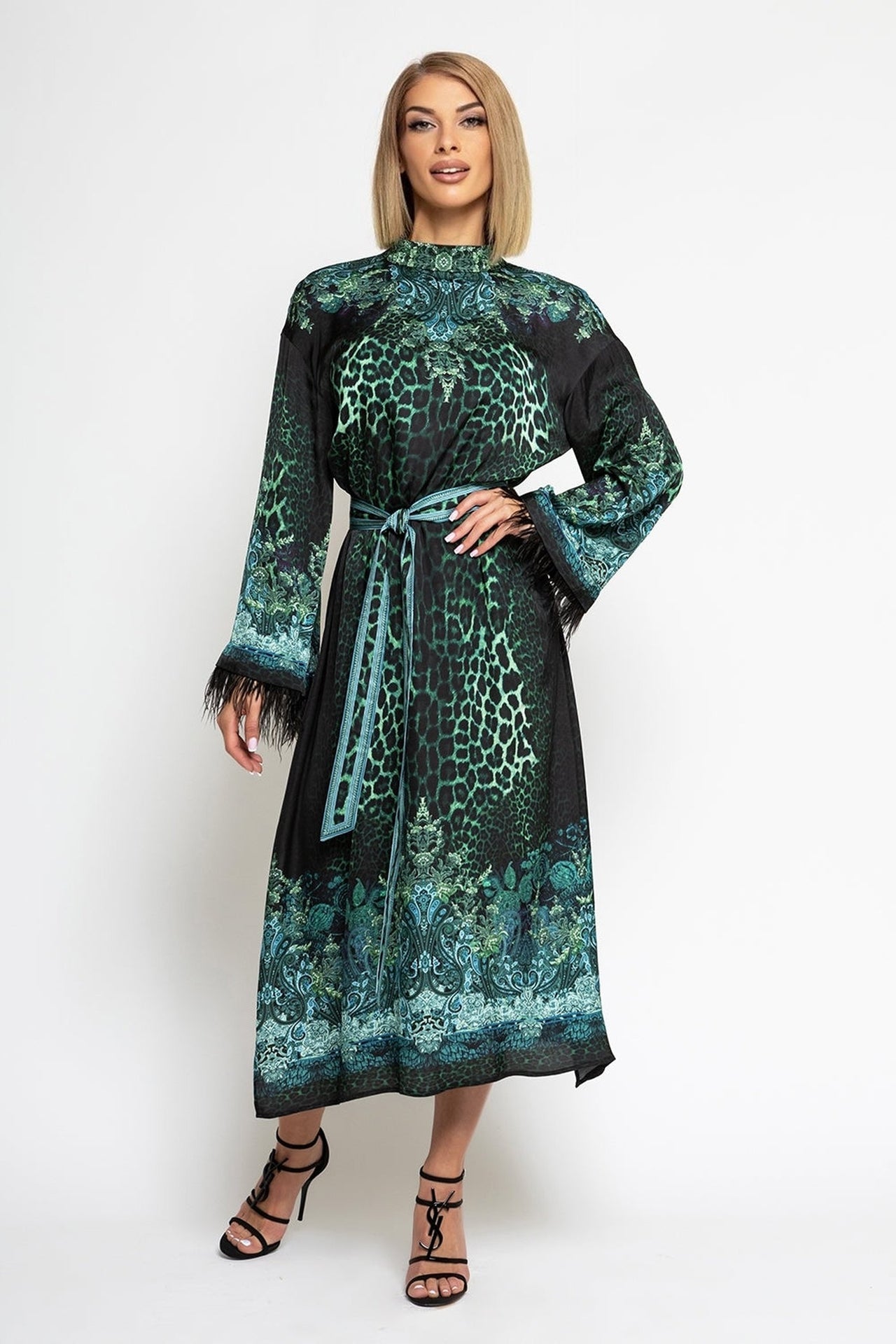 VISCOSE CAFTAN WITH FEATHERS - LEO NEON GREEN - Fashion Roots