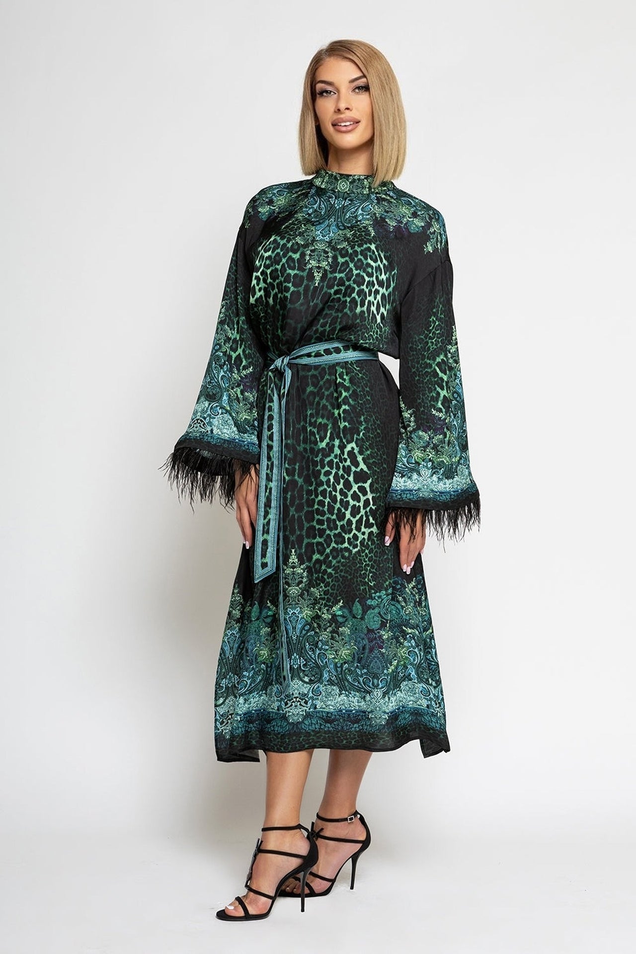 VISCOSE CAFTAN WITH FEATHERS - LEO NEON GREEN JIORO КАФТАН ОТ ВИСКОЗА С ПЕРА - LEO NEON GREEN JIORO