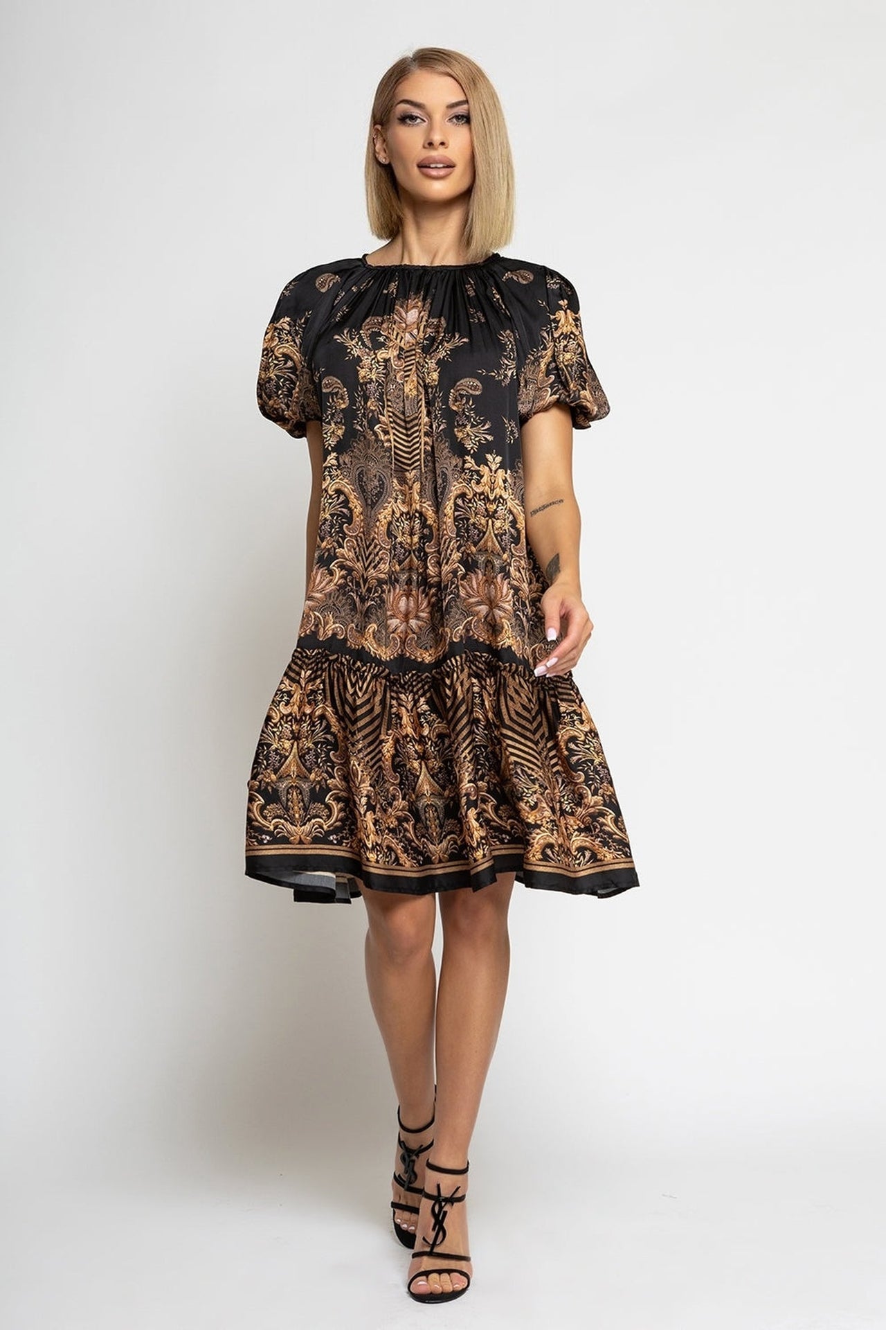 VISCOSE SATIN DRESS WITH PUFF SLEEVES - GOLDEN STRIPES - Fashion Roots
