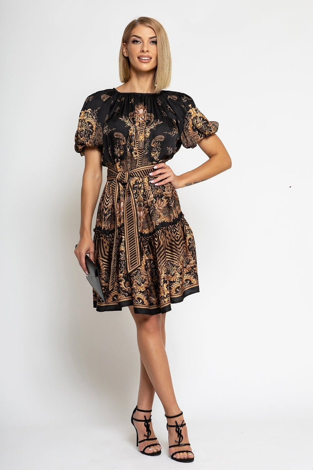 VISCOSE SATIN DRESS WITH PUFF SLEEVES - GOLDEN STRIPES - Fashion Roots
