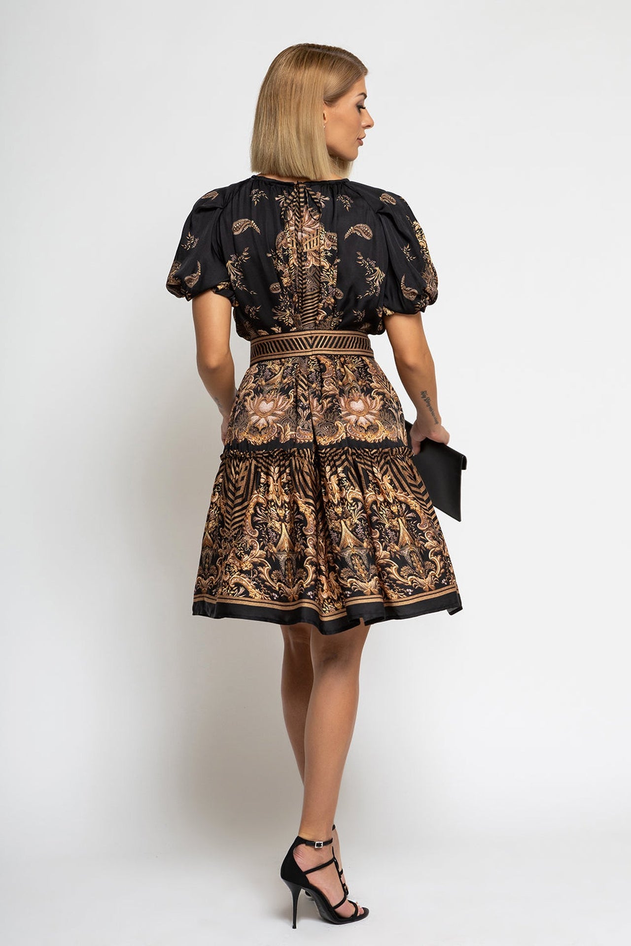 VISCOSE SATIN DRESS WITH PUFF SLEEVES - GOLDEN STRIPES - Fashion Roots