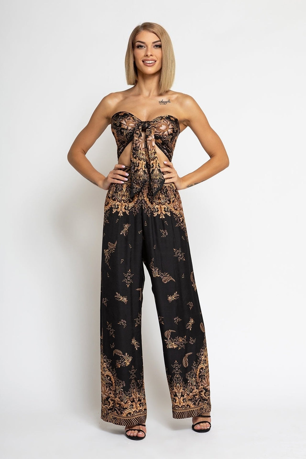 Pantalon large en satin de viscose avec taille élastique - Rayures dorées