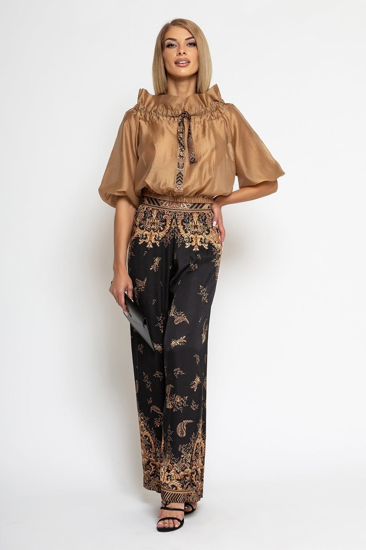 VISCOSE SATIN WIDE-LEG TROUSERS WITH ELASTIC WAIST - GOLDEN STRIPES JIORO СВОБОДЕН ПАНТАЛОН ОТ ЛЪСКАВА ВИСКОЗА - GOLDEN STRIPES JIORO