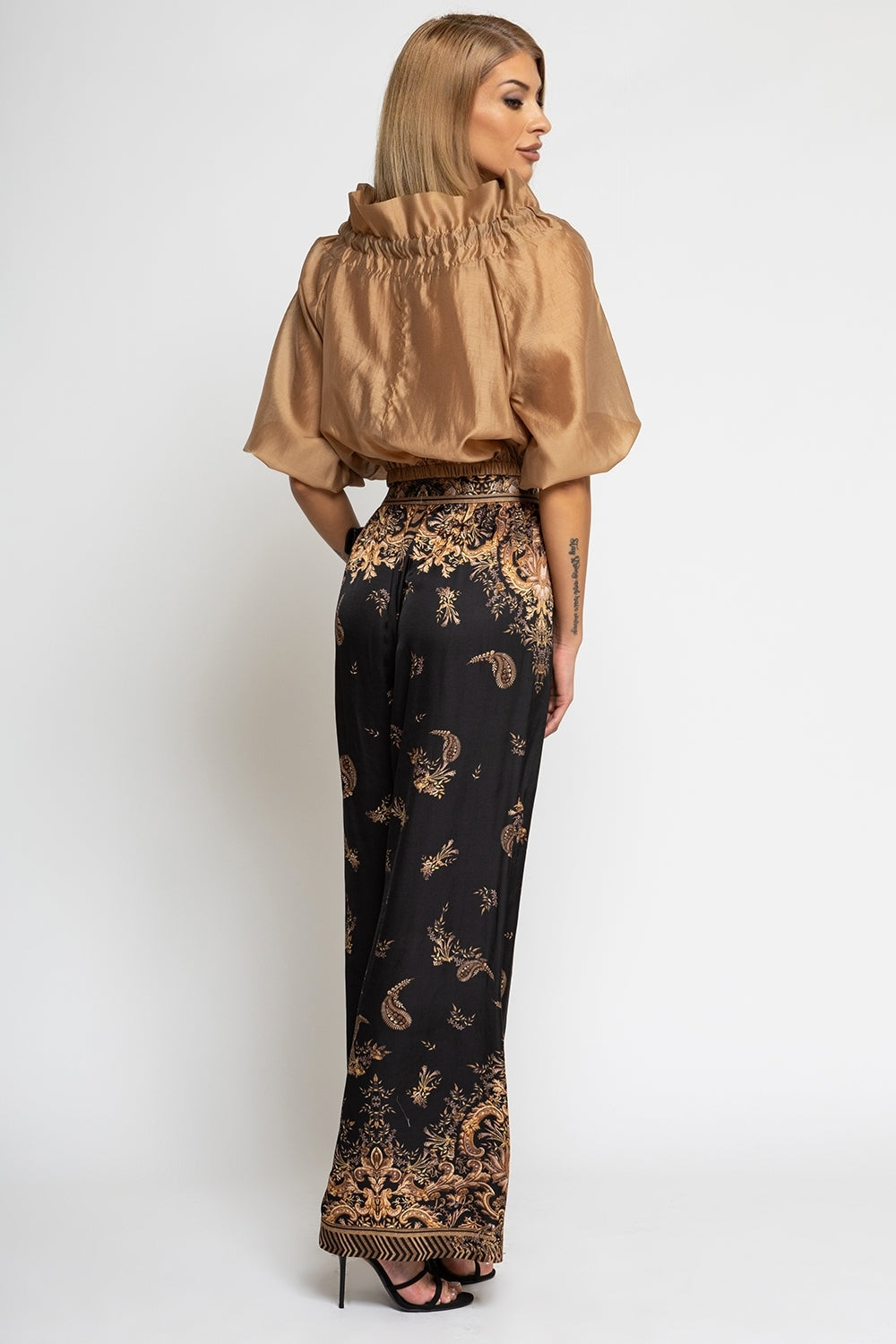 VISCOSE SATIN WIDE-LEG TROUSERS WITH ELASTIC WAIST - GOLDEN STRIPES