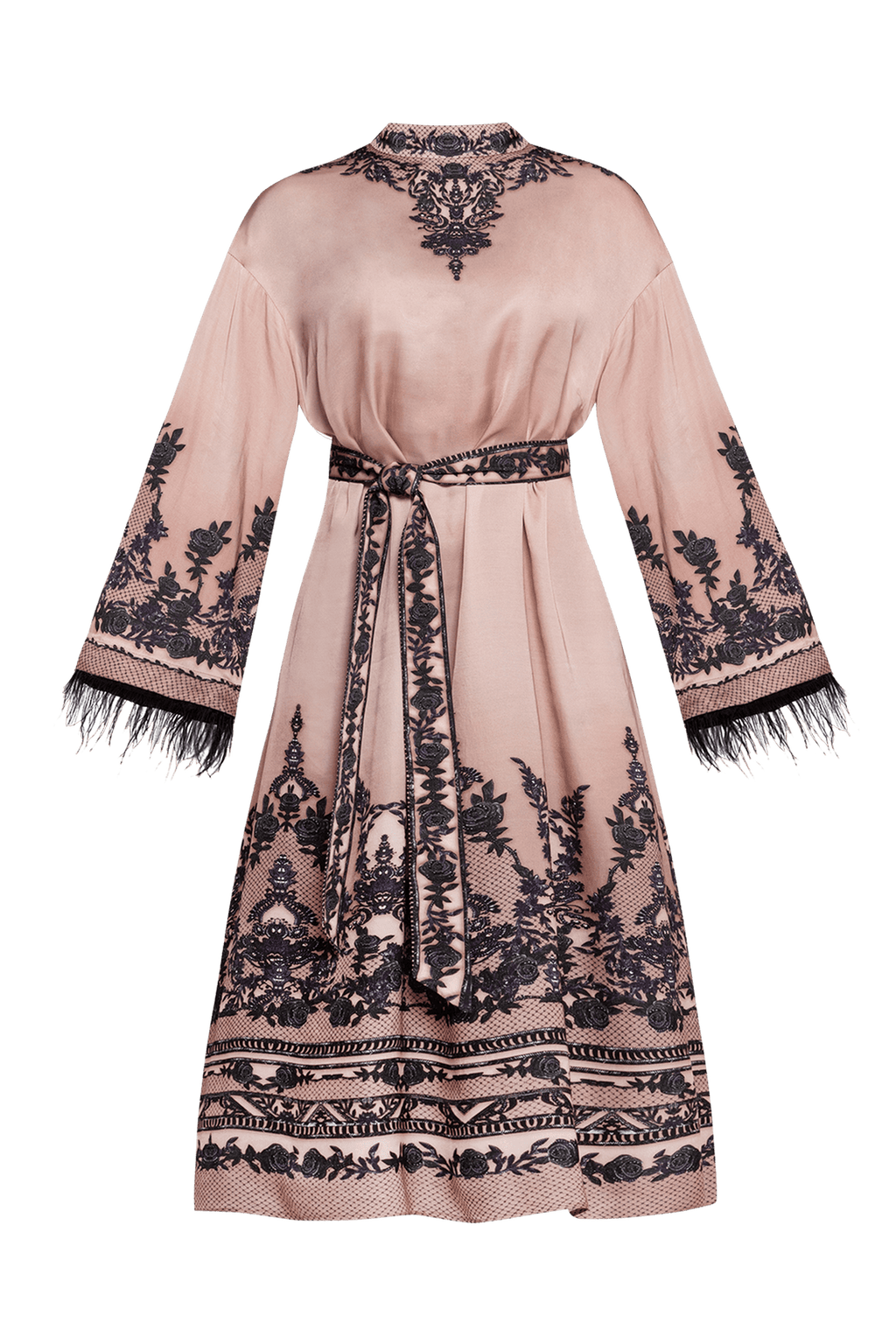 VISCOSE SATIN CAFTAN WITH FEATHERS - GRAFFITI POWDER JIORO КАФТАН ОТ ВИСКОЗА С ПЕРА - GRAFFITI POWDER JIORO