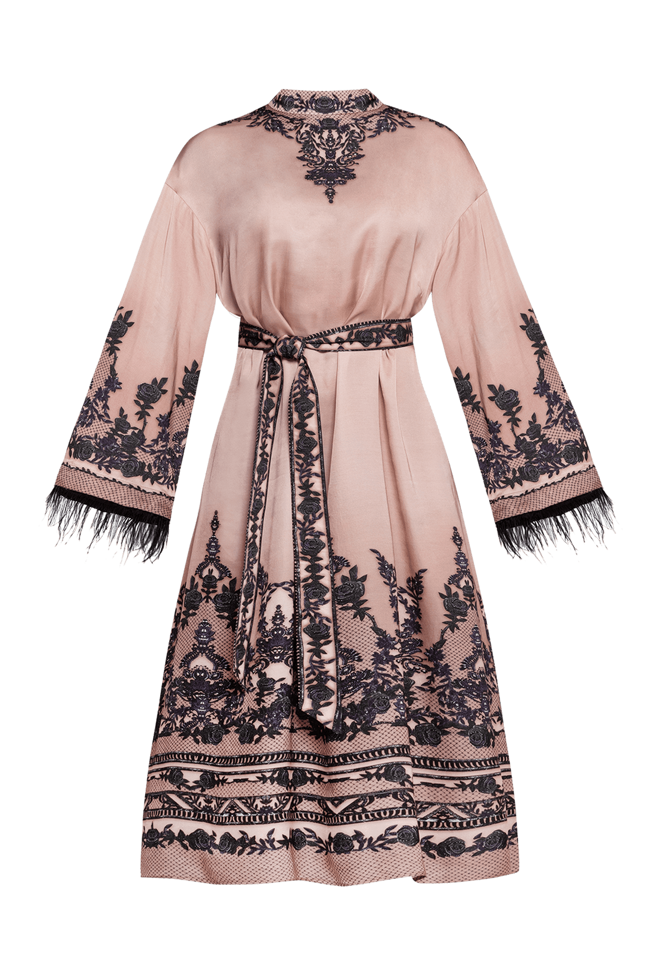 VISCOSE SATIN CAFTAN WITH FEATHERS - GRAFFITI POWDER JIORO КАФТАН ОТ ВИСКОЗА С ПЕРА - GRAFFITI POWDER JIORO