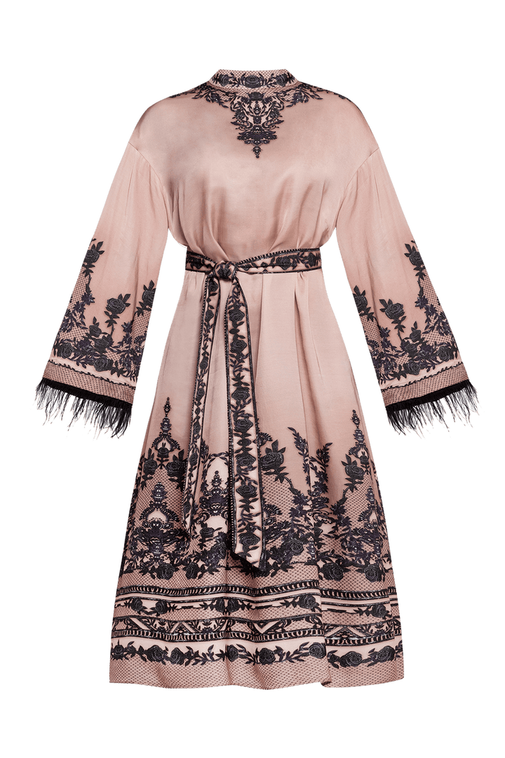 VISCOSE SATIN CAFTAN WITH FEATHERS - GRAFFITI POWDER JIORO КАФТАН ОТ ВИСКОЗА С ПЕРА - GRAFFITI POWDER JIORO