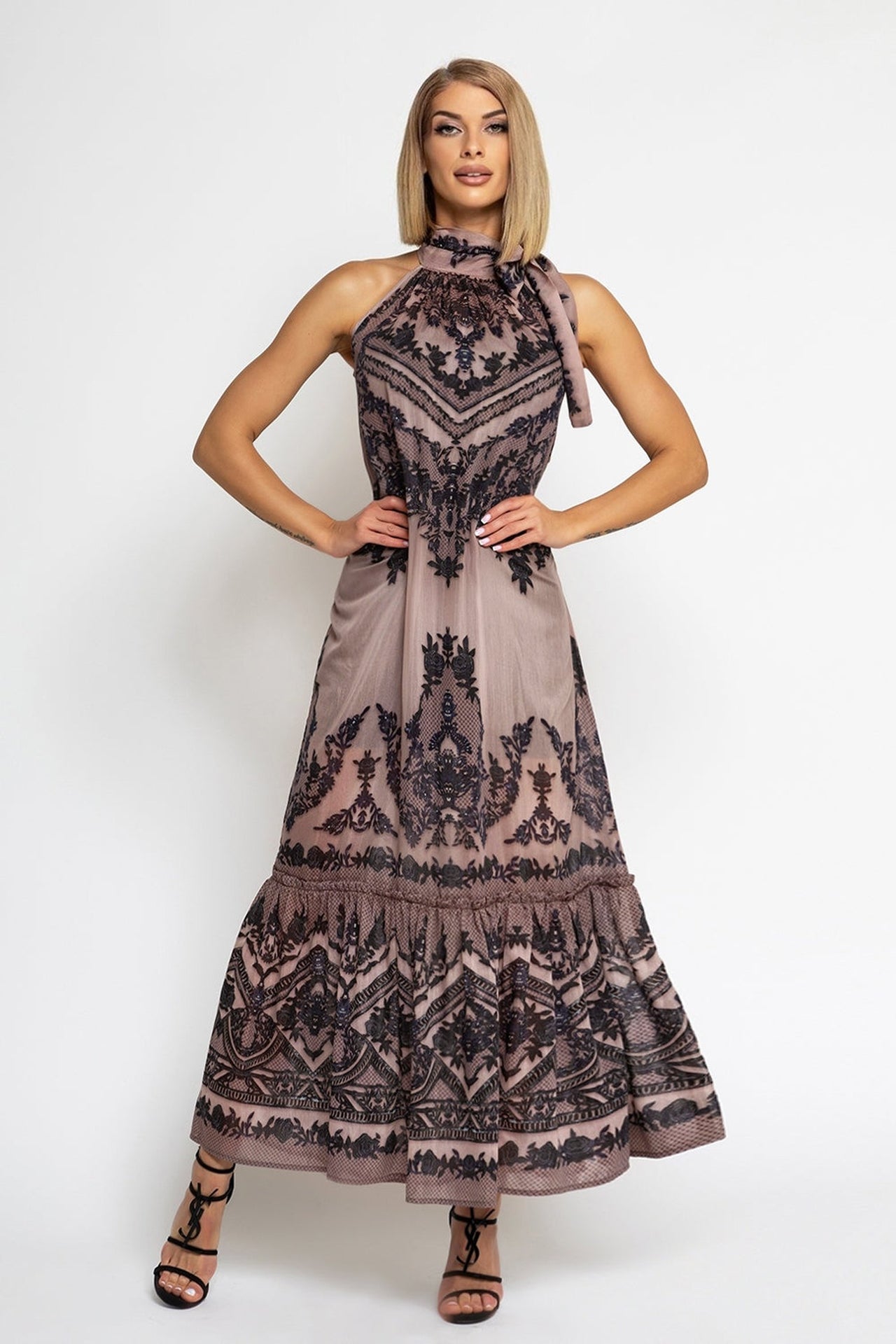 SILK VISCOSE LONG DRESS - GRAFFITI POWDER - Fashion Roots