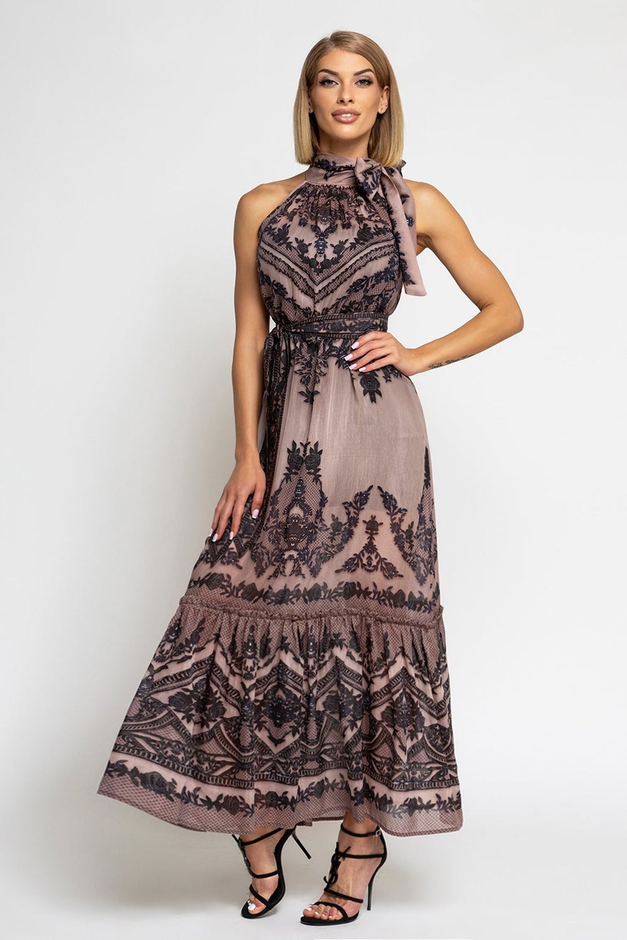 SILK VISCOSE LONG DRESS - GRAFFITI POWDER - Fashion Roots