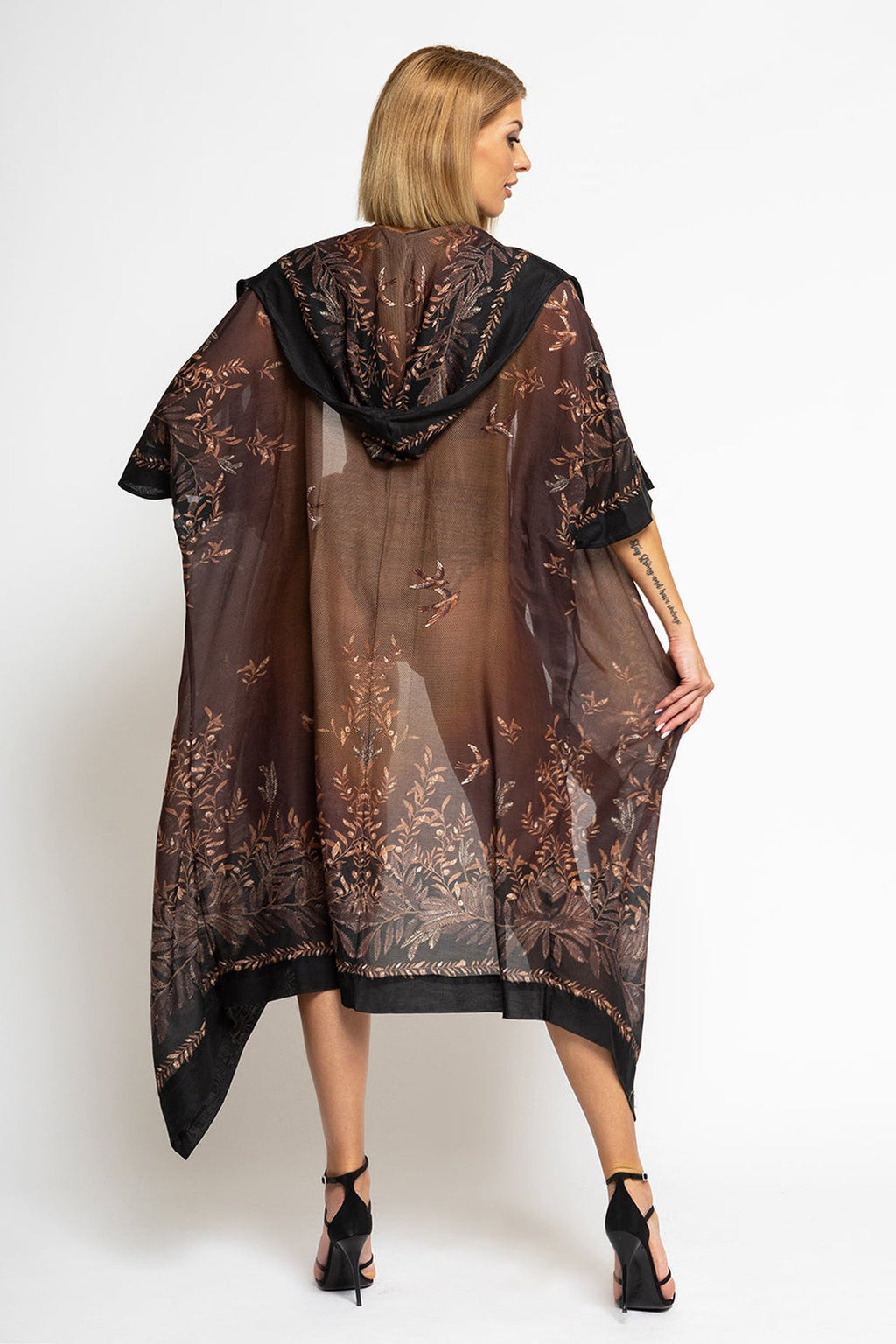 COTTON SILK KIMONO DRESS WITH HOOD - SECRET GARDEN - Fashion Roots
