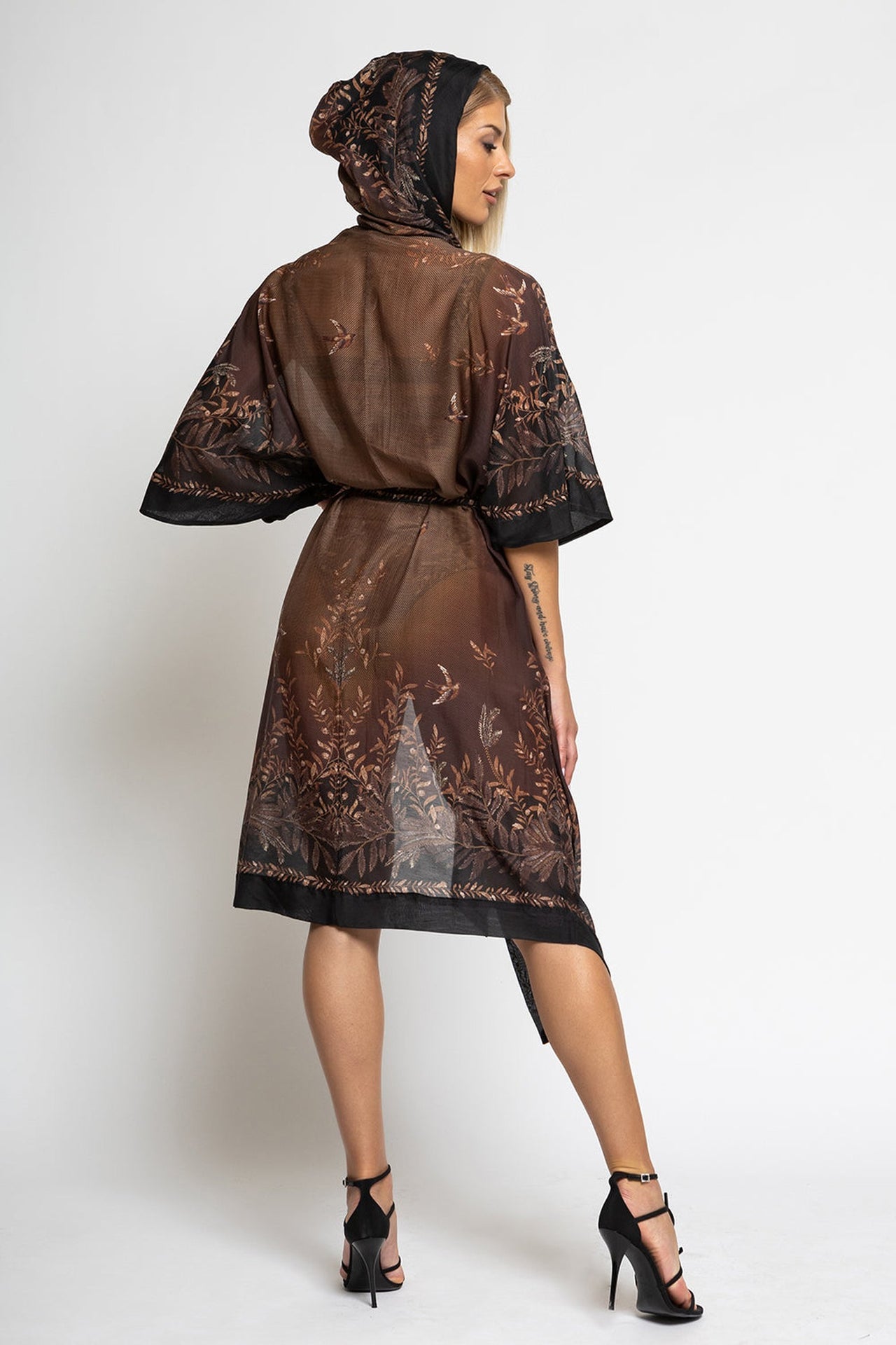 COTTON SILK KIMONO DRESS WITH HOOD - SECRET GARDEN - Fashion Roots