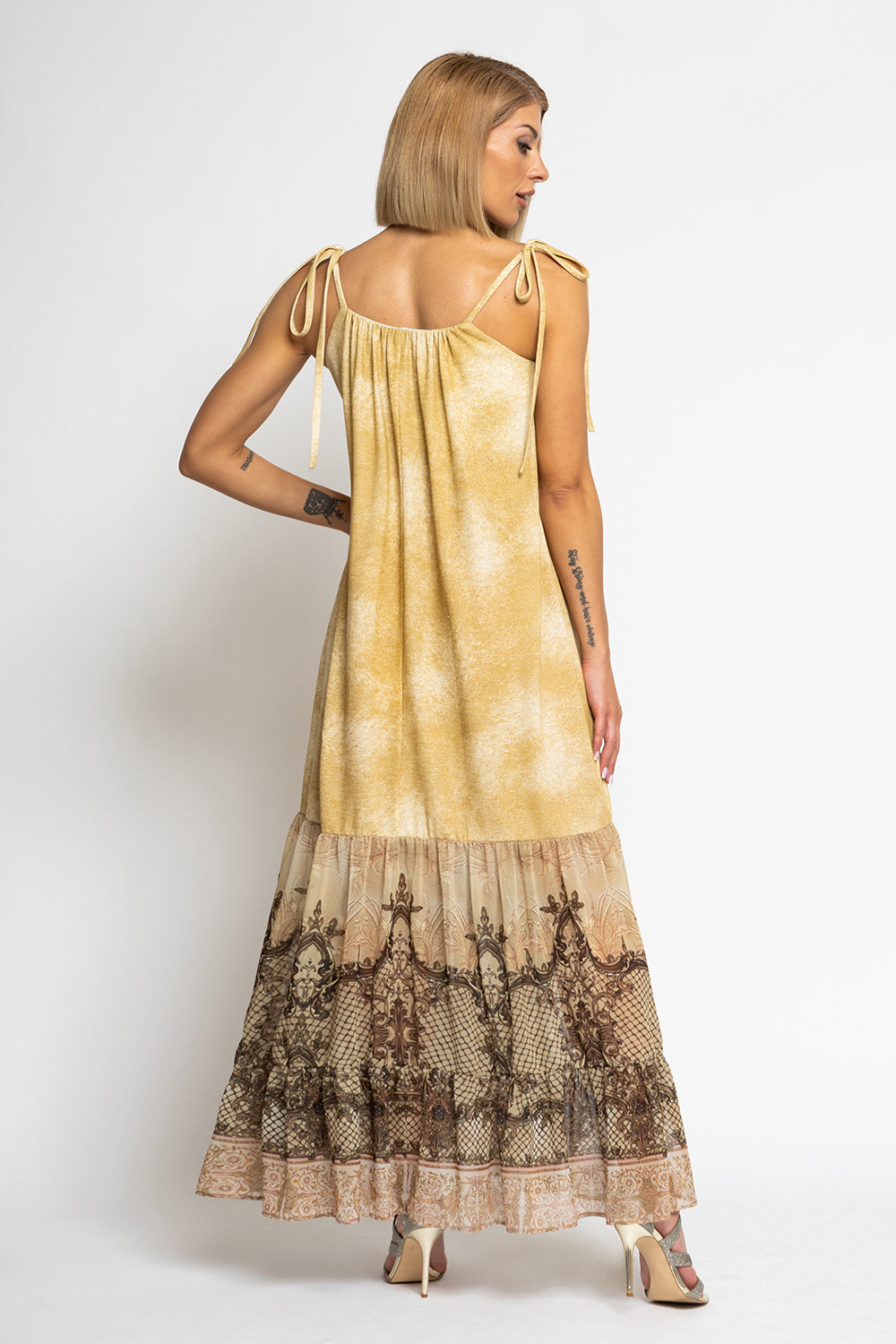 LONG COTTON DRESS WITH CHIFFON RUFFLES - BAROQUE FLOWERS