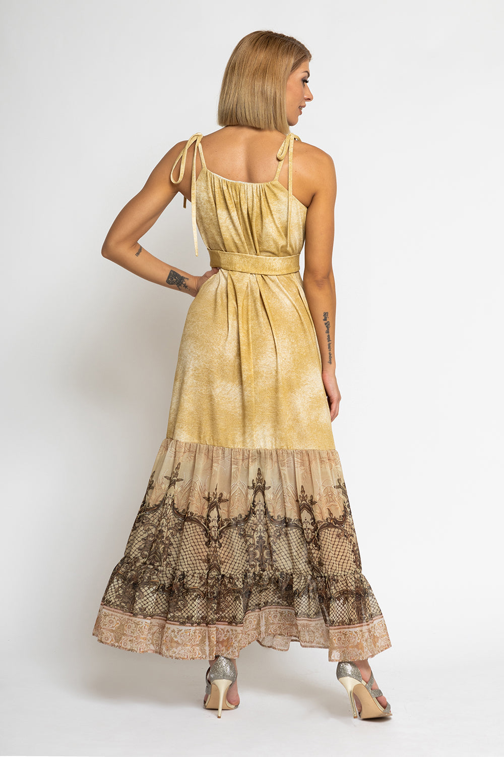 LONG COTTON DRESS WITH CHIFFON RUFFLES - BAROQUE FLOWERS