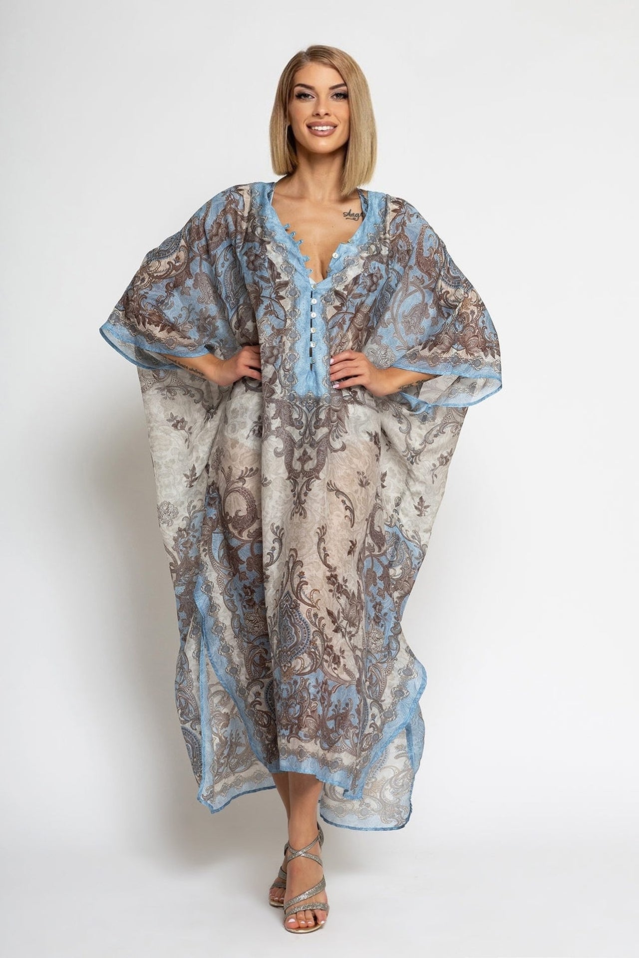SILK COTTON CAFTAN - PAISLEY SKY - Fashion Roots