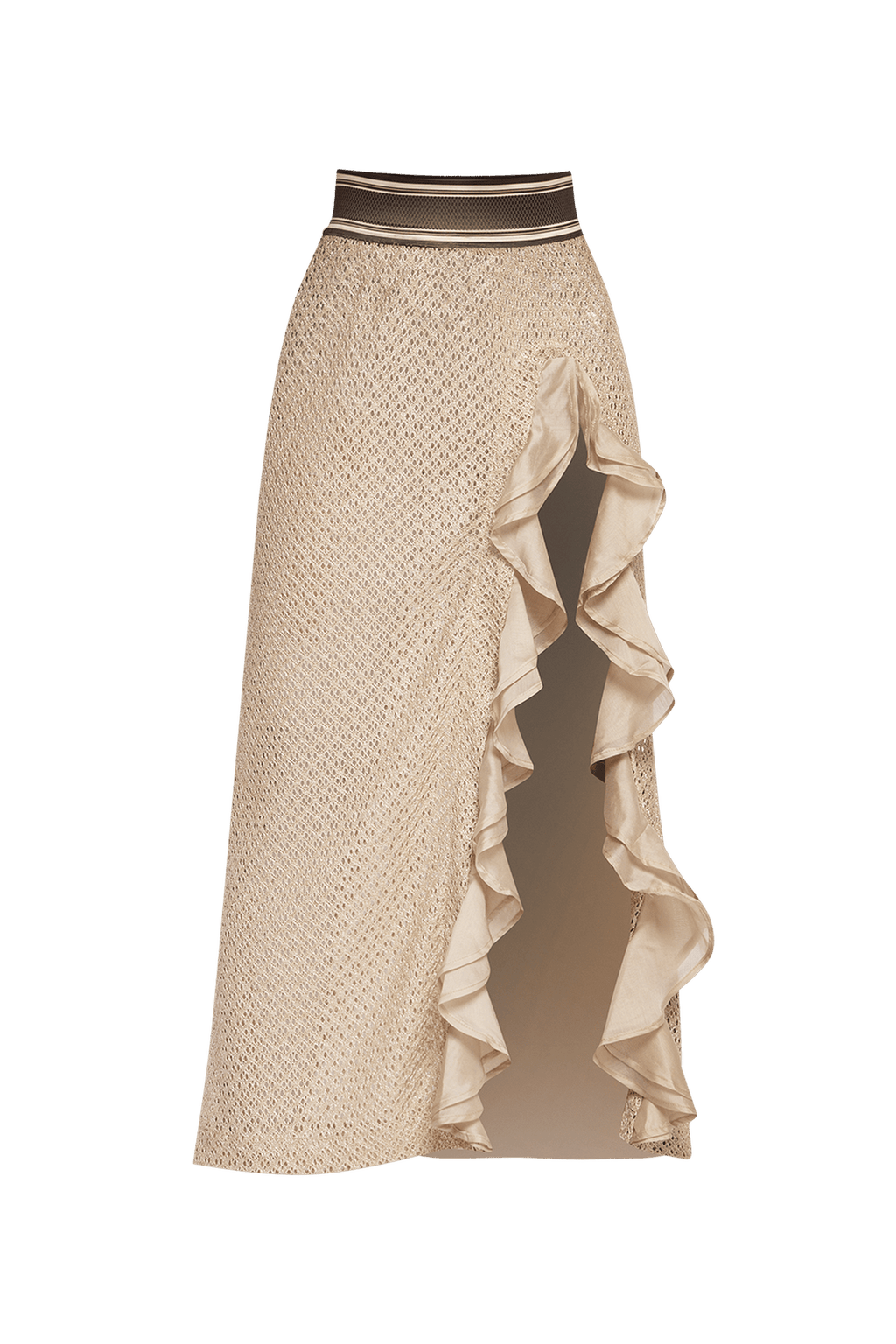 LONG COTTON MESH SKIRT WITH RUFFLES IN BEIGE – ESSENTIALS JIORO ДЪЛГА ПОЛА ОТ ПАМУЧНА МРЕЖА С ВОЛАНИ - ESSENTIALS JIORO