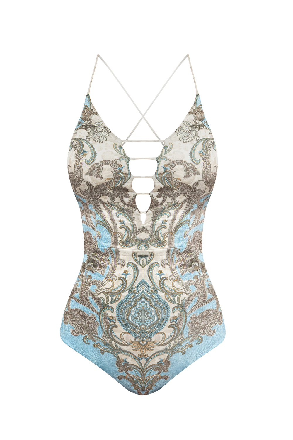 ONE-PIECE SWIMSUIT V-NECK - PAISLEY SKY - Fashion Roots