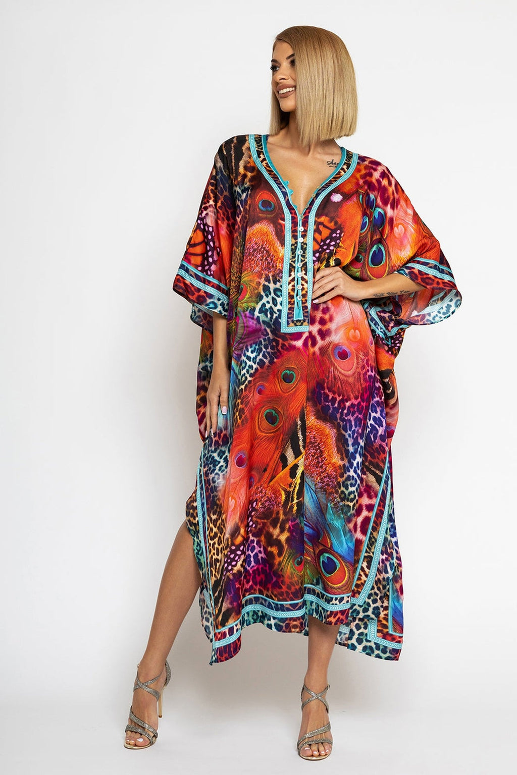 SATIN VISCOSE CAFTAN - LEO NEON WILD - Fashion Roots