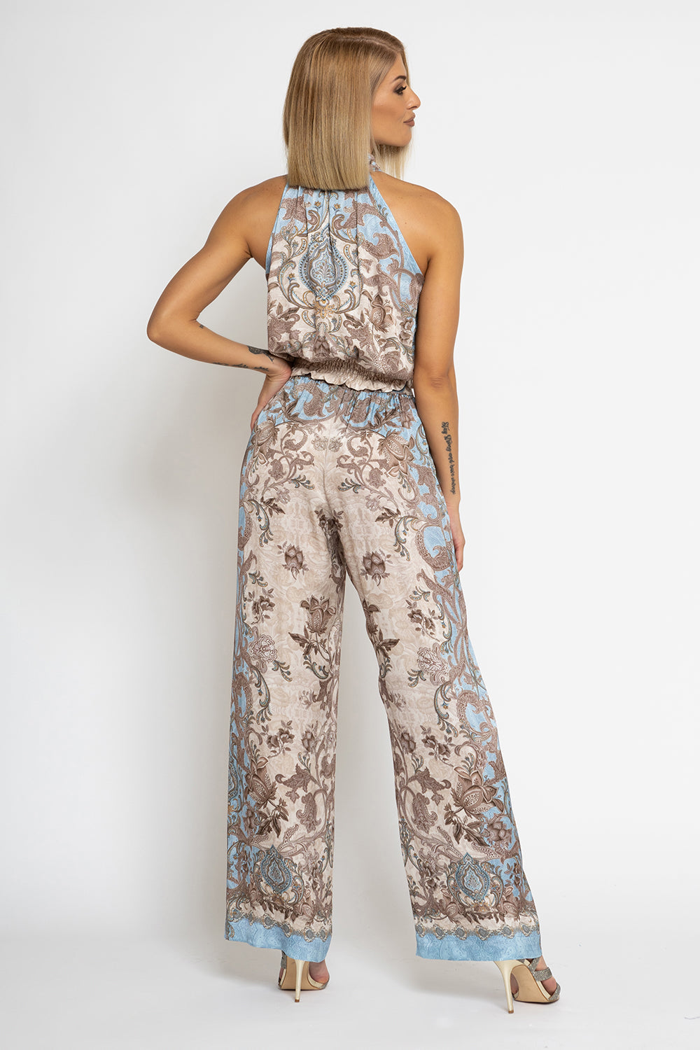 SATIN VISCOSE LOOSE FIT PANTS - PAISLEY SKY - Fashion Roots