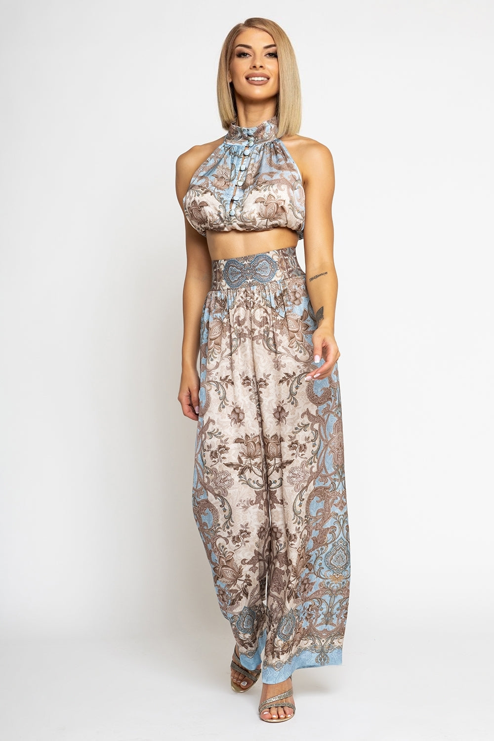 SATIN VISCOSE LOOSE FIT PANTS - PAISLEY SKY - Fashion Roots