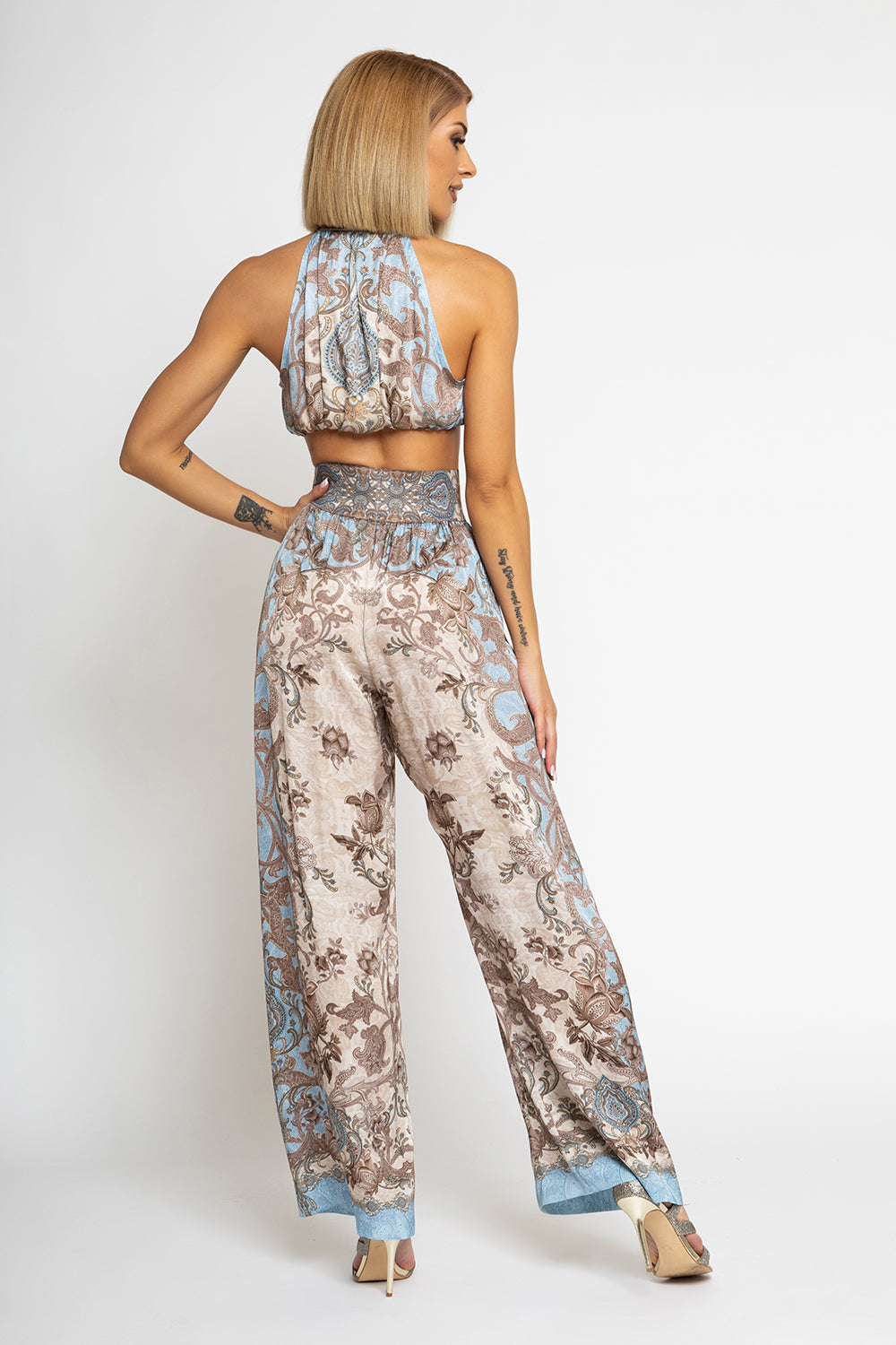 SATIN VISCOSE LOOSE FIT PANTS - PAISLEY SKY - Fashion Roots