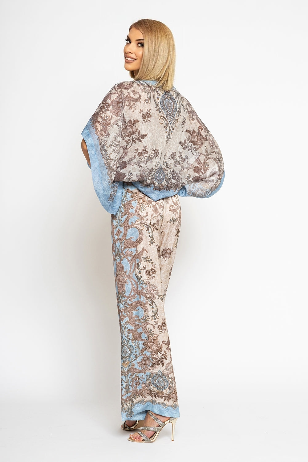 SATIN VISCOSE LOOSE FIT PANTS - PAISLEY SKY - Fashion Roots