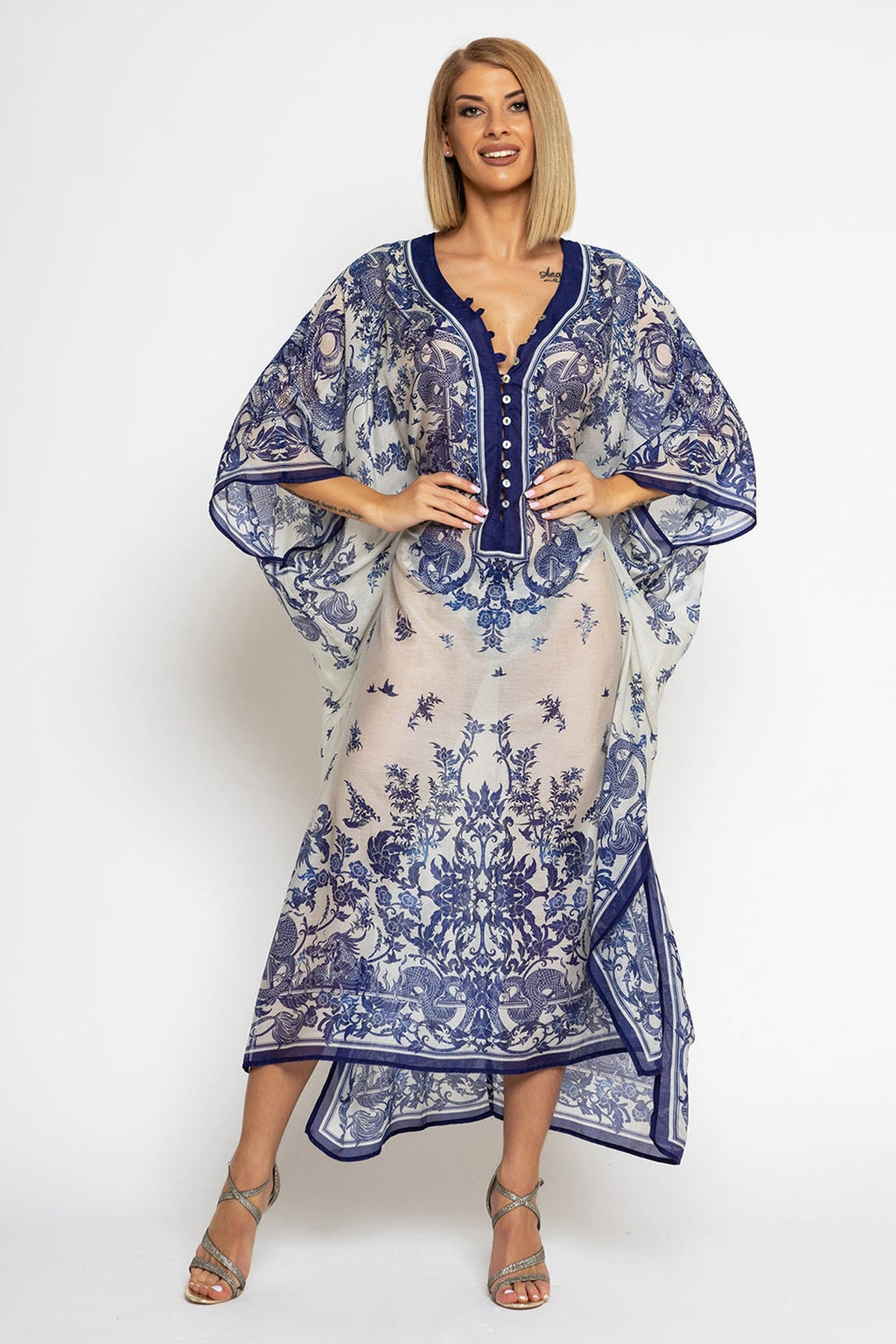 SILK COTTON CAFTAN - ASIA SKY - Fashion Roots