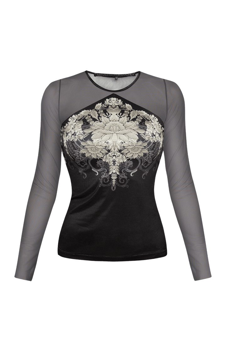 BLOUSE WITH PRINT - FROZEN LOTUS JIORO ВТАЛЕНА БЛУЗА С МРЕЖЕСТИ РЪКАВИ - FROZEN LOTUS JIORO