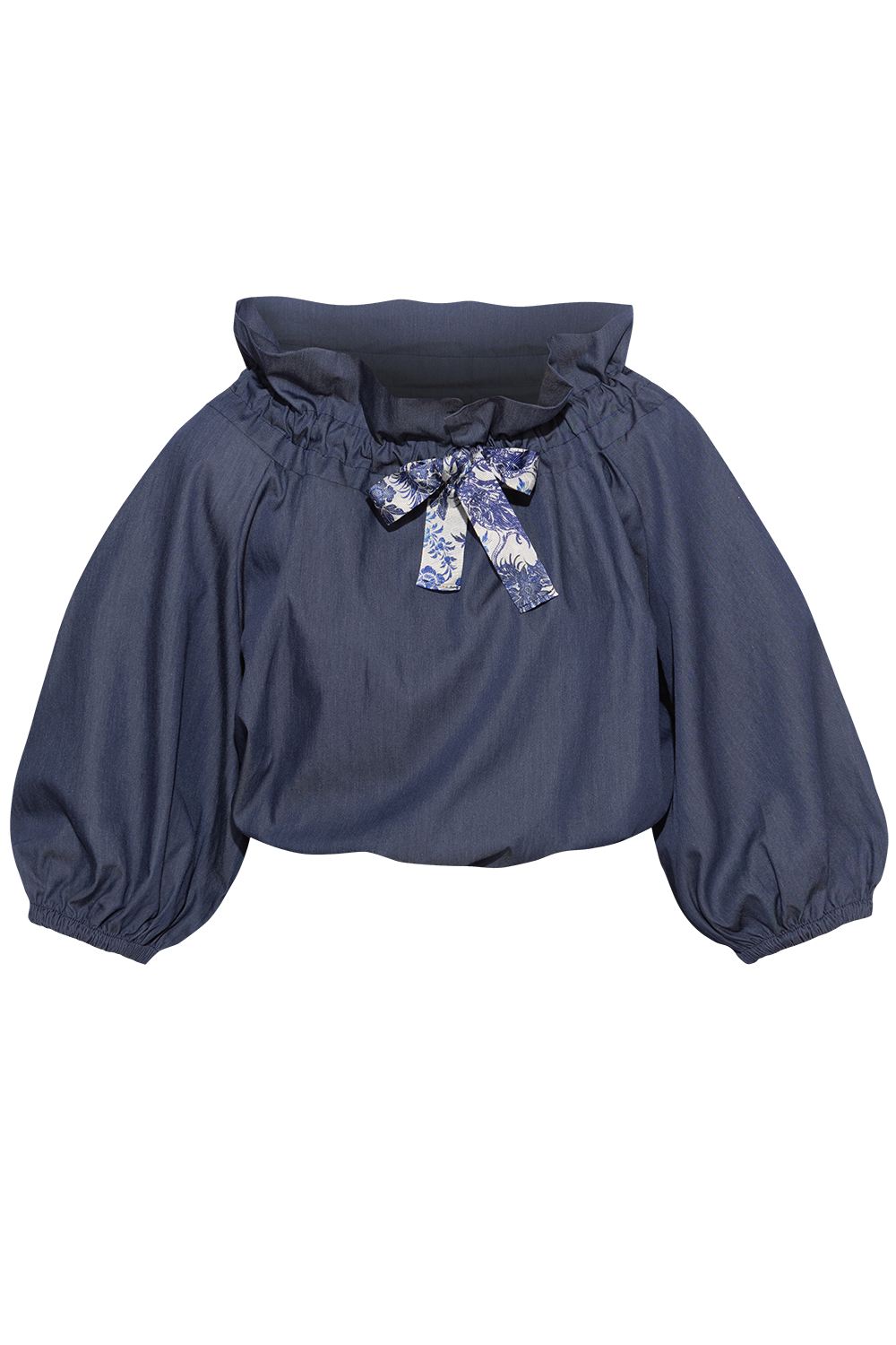 RUFFLED HIGH-NECK BLOUSE WITH PUFF SLEEVES - ASIA SKY
