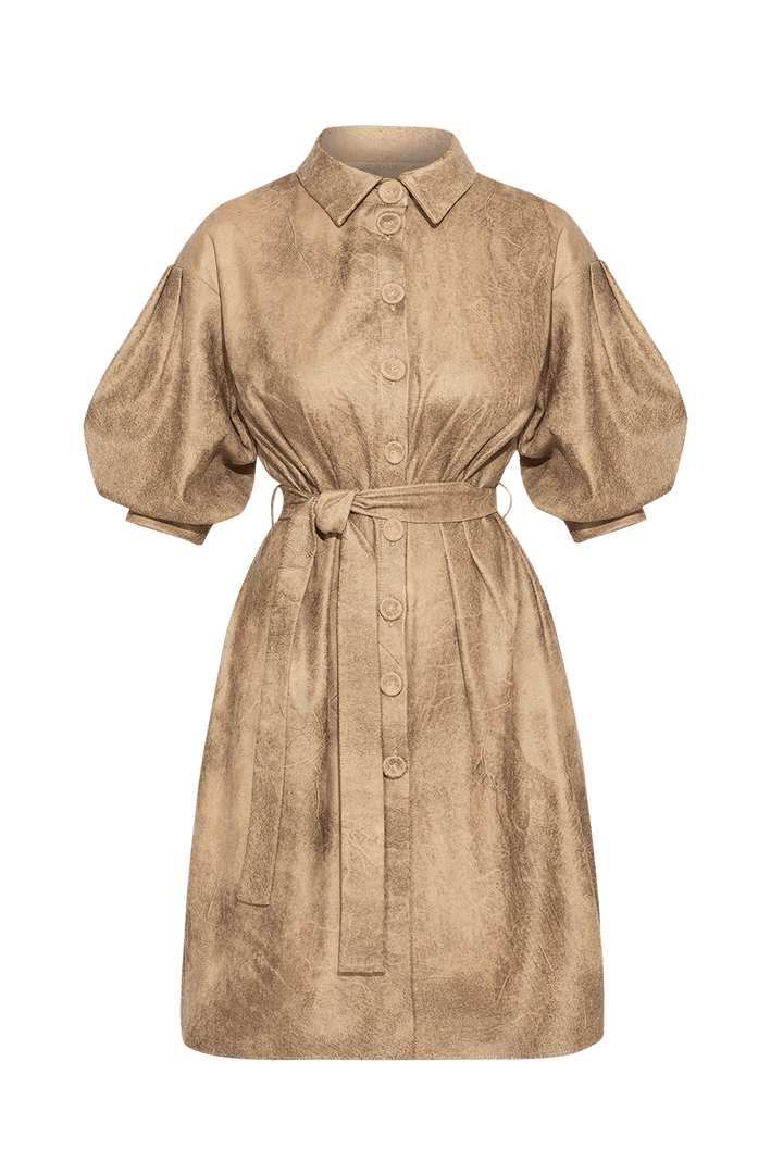SUEDE-LOOK SHIRT DRESS IN CAPPUCINO - ESSENTIALS - Fashion Roots
