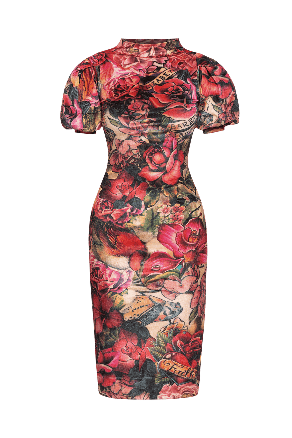 FITTED DRESS MADE OF SMOOTH VELVET - TATTOO STAR JIOROВТАЛЕНА РОКЛЯ ОТ КАДИФЕ С ВИСОКА ЯКА - TATTOO STAR JIORO