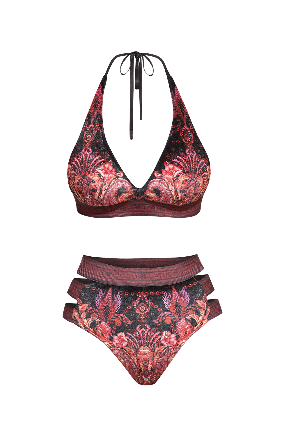 HIGH-WAISTED VELVET BIKINI BOTTOMS - PAISLEY DARK
