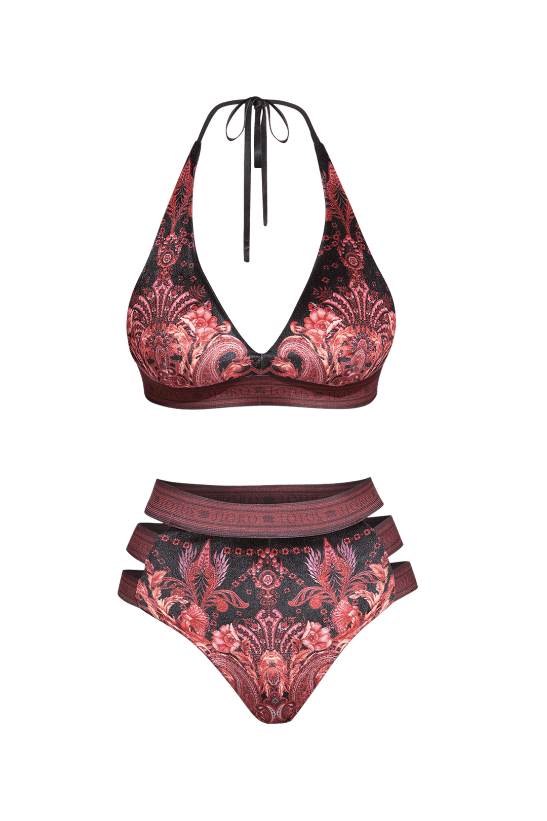 HIGH-WAISTED VELVET BIKINI BOTTOMS - PAISLEY DARK - Fashion Roots